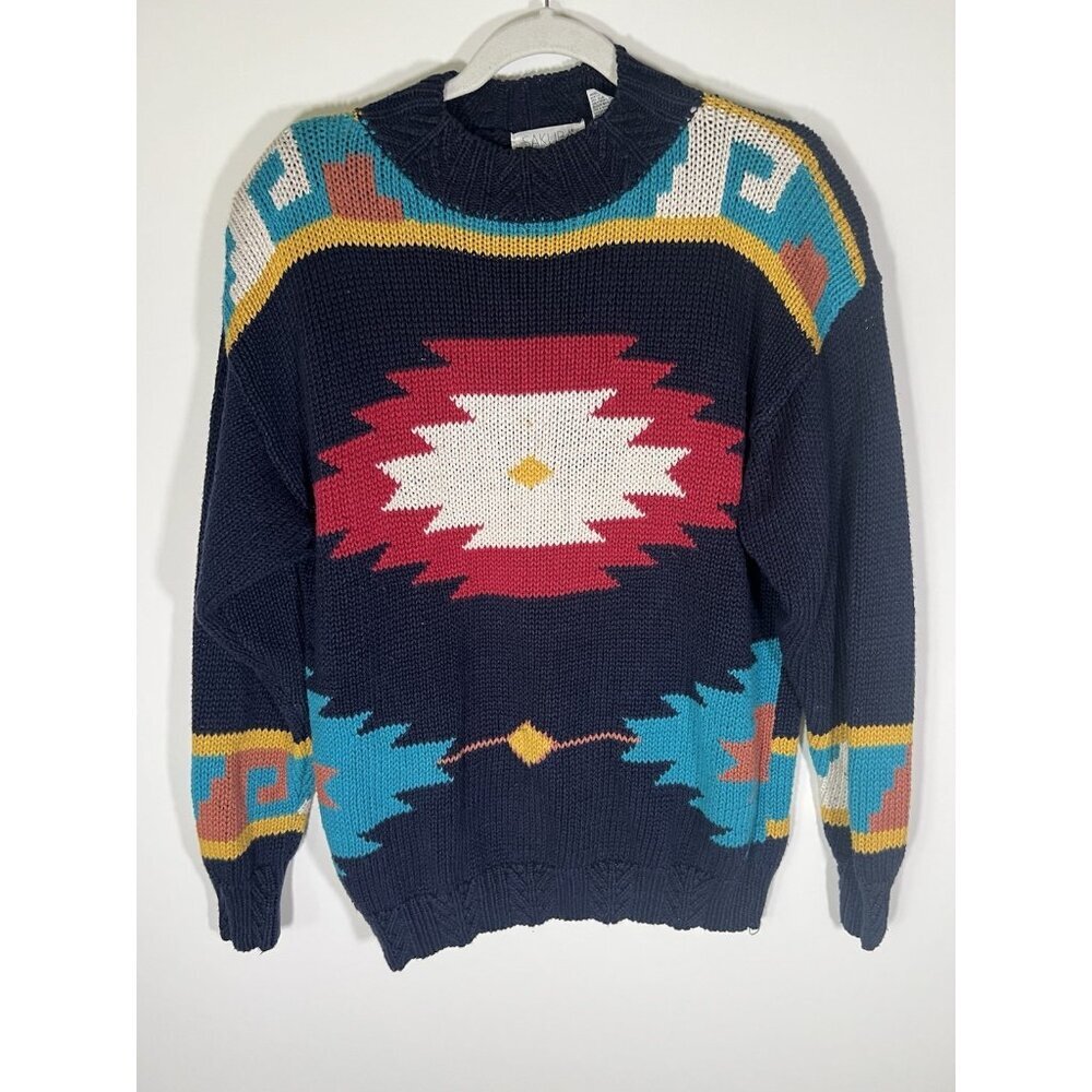 Vintage 80s Sakura Sport aztec mockneck chunky knit sweater southwestern M
